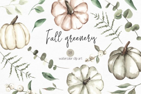 Download Watercolor Fall Pumpkin Greenery Clipart - Green Collection